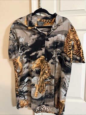 Primark Men’s Short Sleeve Leopard Print Shirt - Black & Brown